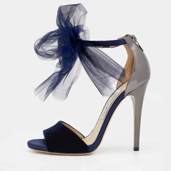Jimmy Choo Shoes - Jimmy Choo Navy Blue and Silver Tulle Ankle-Tie Stiletto Sandals